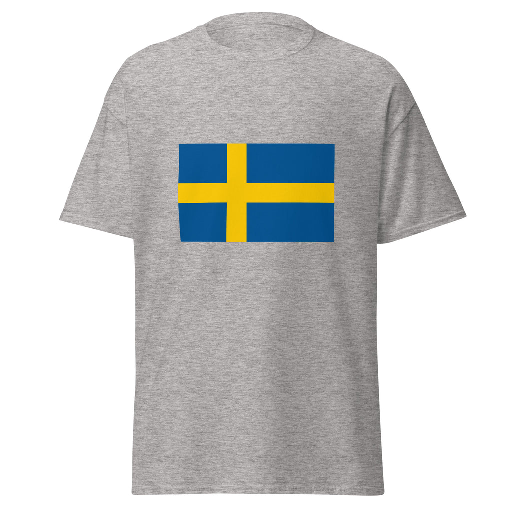 Unisex navy blue t-shirt featuring Swedish flag design printed across the front chest