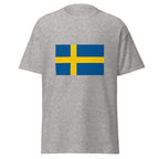 Unisex navy blue t-shirt featuring Swedish flag design printed across the front chest