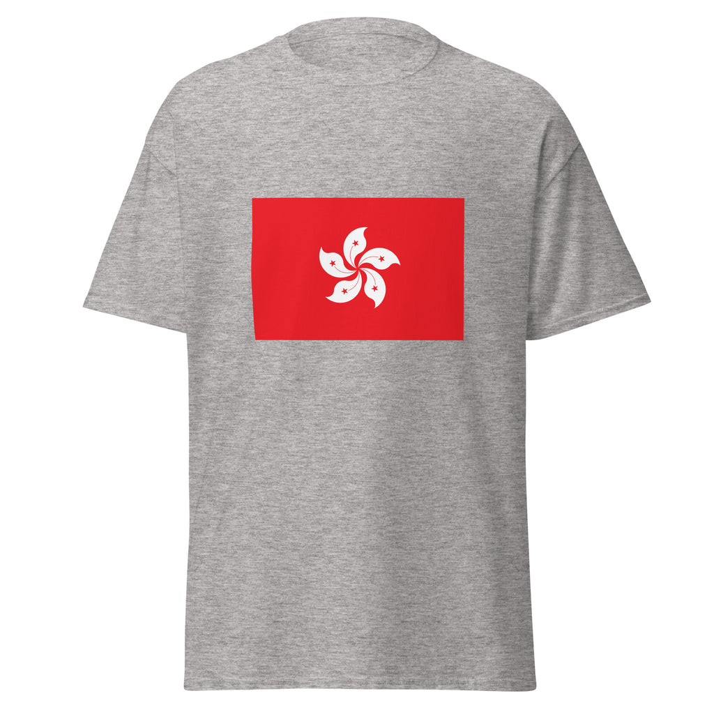 Unisex navy blue t-shirt featuring Hong Kong flag design printed across the front chest