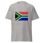 Unisex navy blue t-shirt featuring South African flag design printed across the front chest