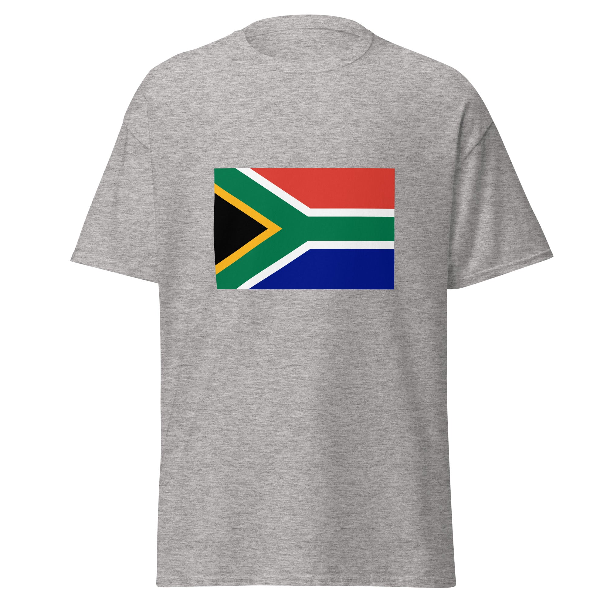 Unisex navy blue t-shirt featuring South African flag design printed across the front chest