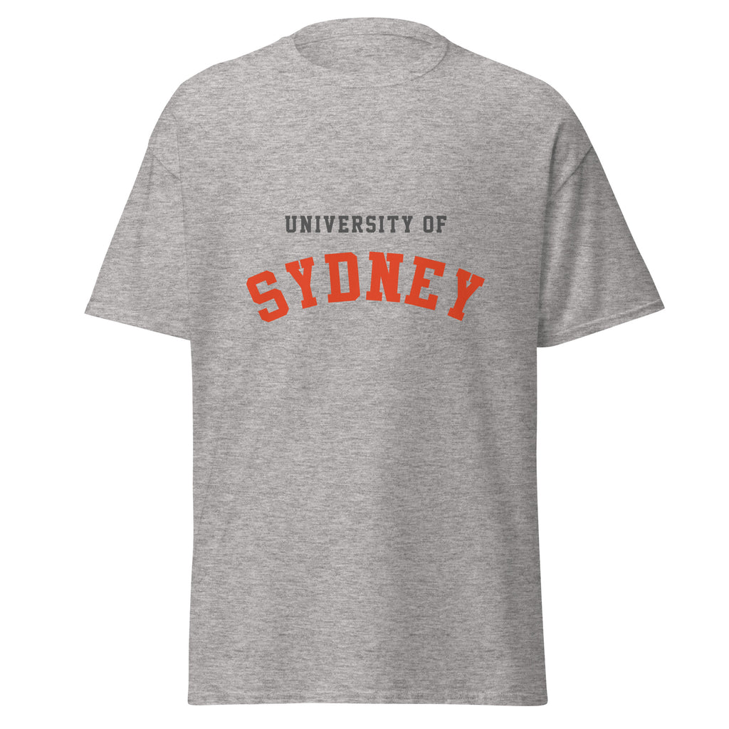 Unisex heather gray t-shirt featuring University of Sydney logo printed across the front chest