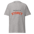 Unisex heather gray t-shirt featuring University of Sydney logo printed across the front chest