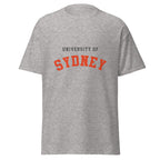 Unisex heather gray t-shirt featuring University of Sydney logo printed across the front chest