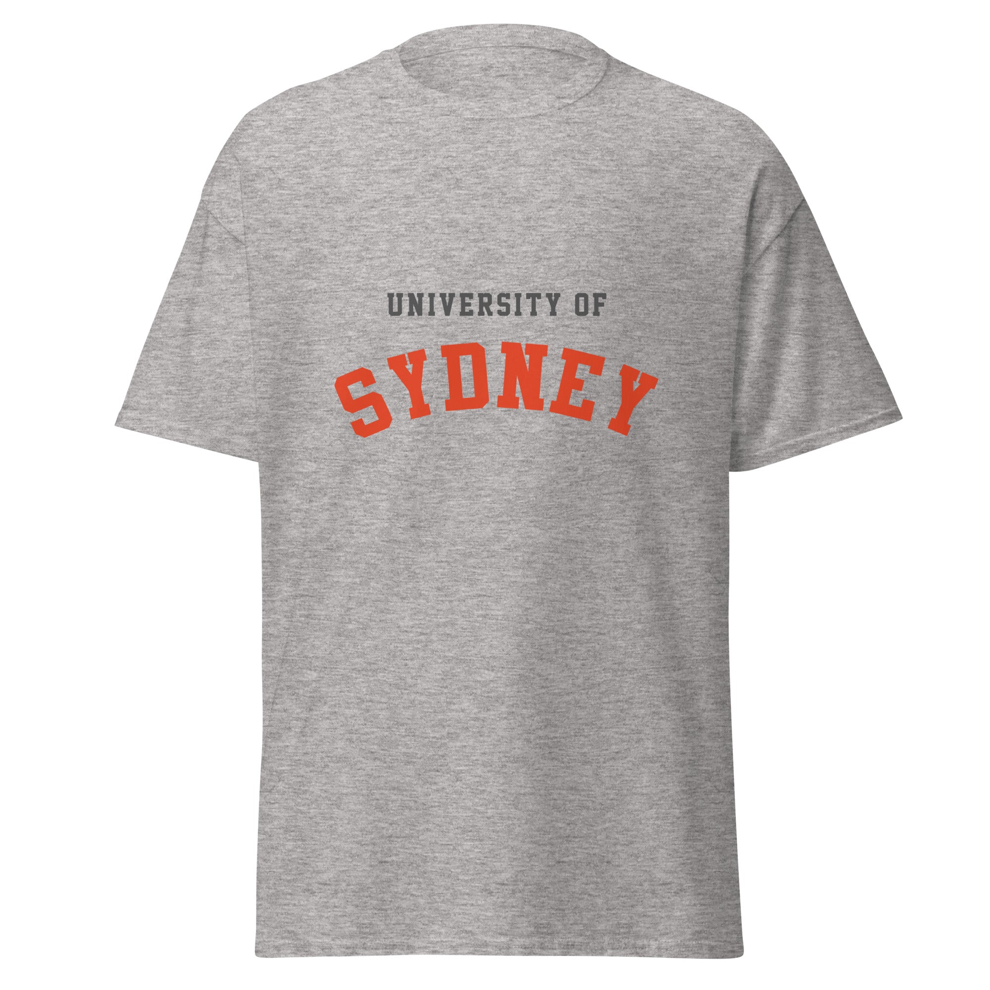Unisex heather gray t-shirt featuring University of Sydney logo printed across the front chest