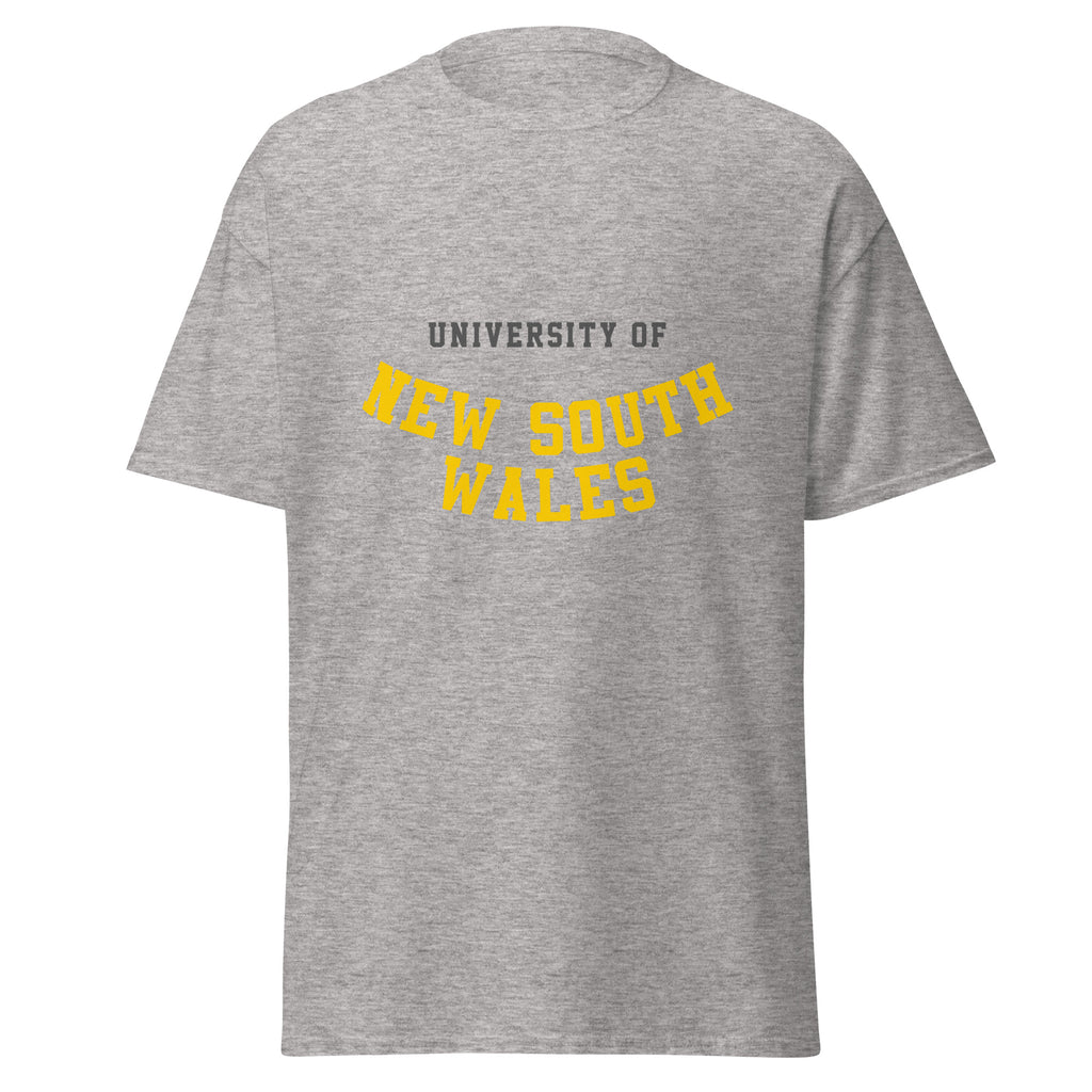 Unisex heather gray t-shirt featuring University of New South Wales logo printed across the front chest