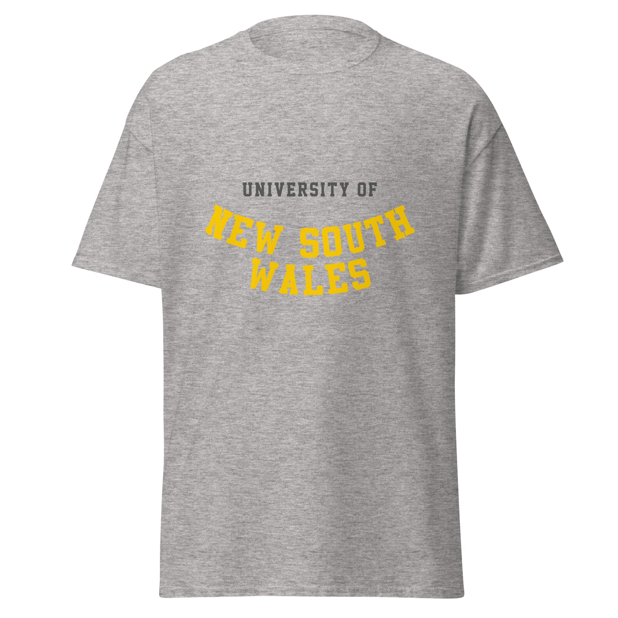 Unisex heather gray t-shirt featuring University of New South Wales logo printed across the front chest