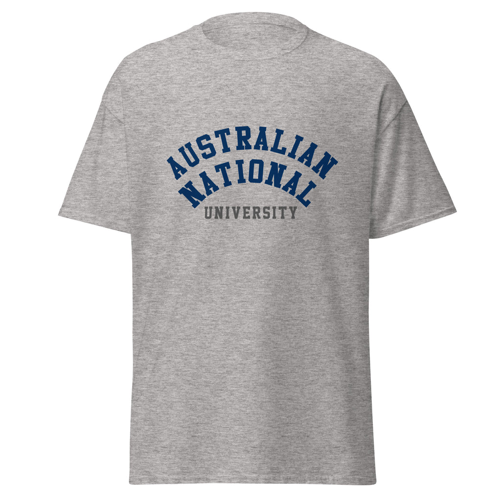 Unisex heather gray t-shirt featuring Australian National University logo printed across the front chest