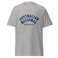 Unisex heather gray t-shirt featuring Australian National University logo printed across the front chest