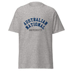 Unisex heather gray t-shirt featuring Australian National University logo printed across the front chest