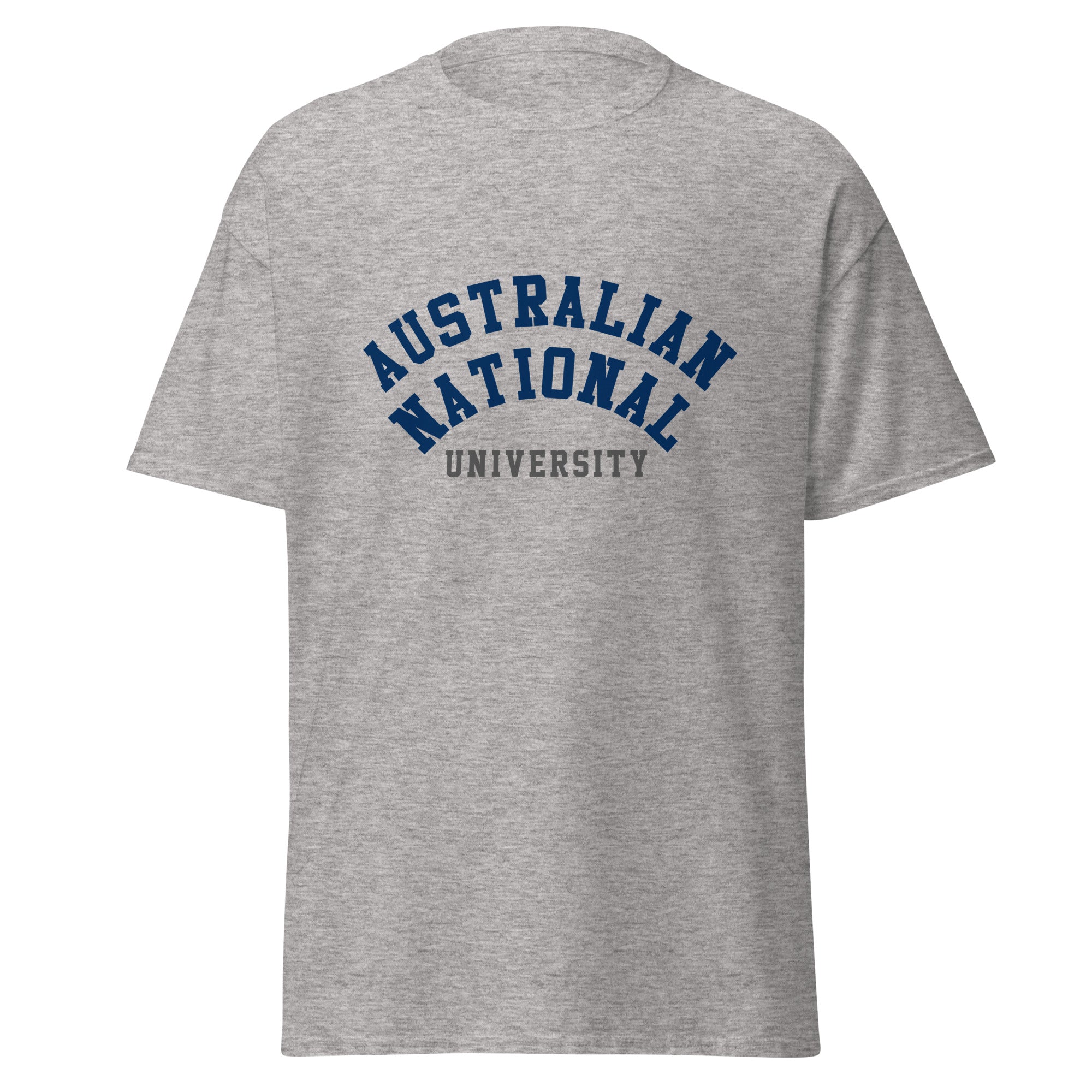 Unisex heather gray t-shirt featuring Australian National University logo printed across the front chest