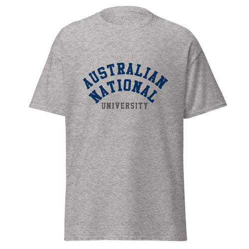 Unisex heather gray t-shirt featuring Australian National University logo printed across the front chest