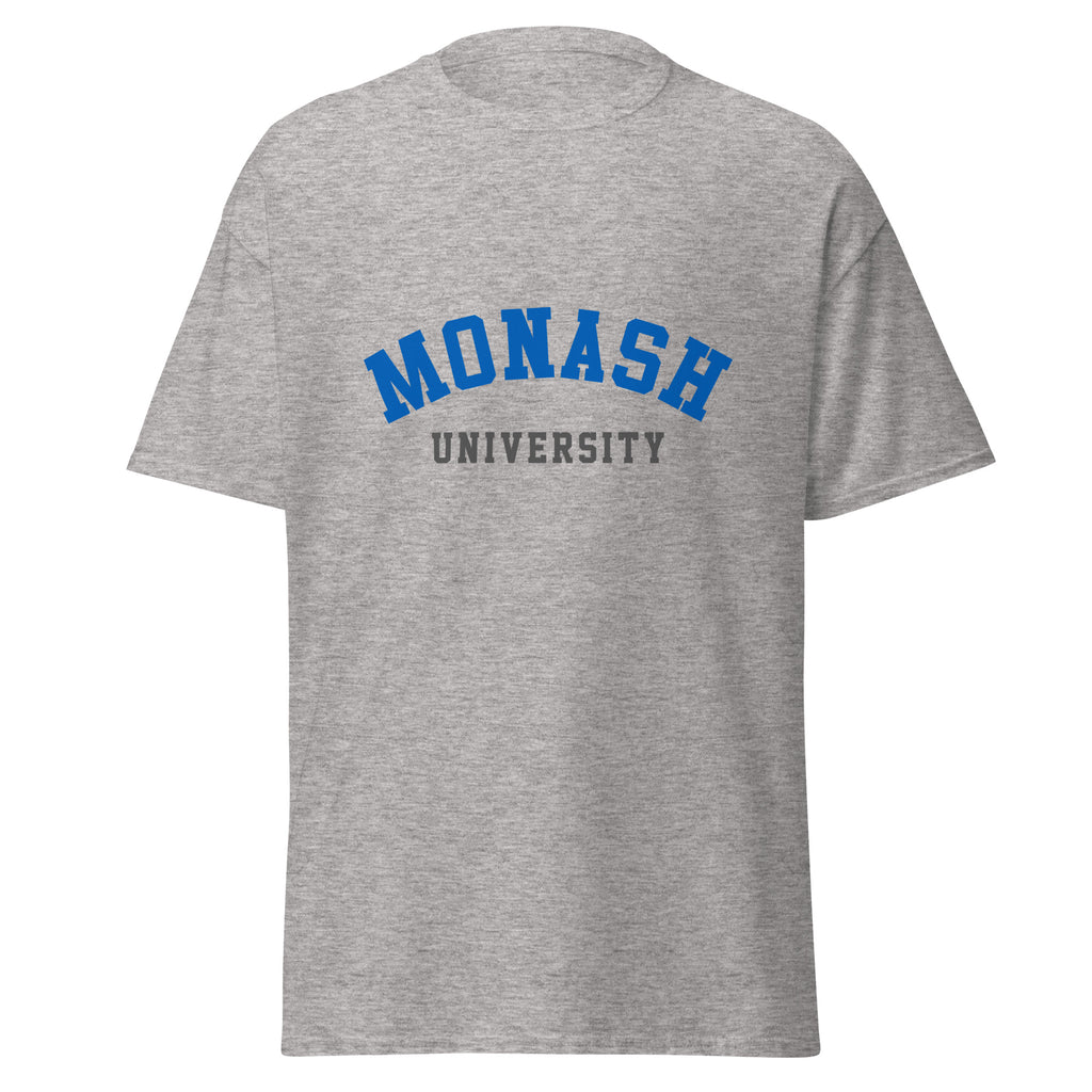 Unisex heather gray t-shirt featuring Monash University logo printed across the front chest