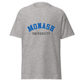 Unisex heather gray t-shirt featuring Monash University logo printed across the front chest