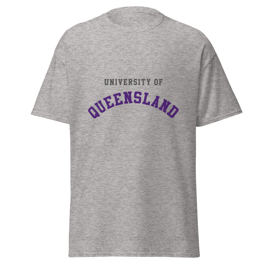 Unisex heather gray t-shirt featuring University of Queensland logo printed across the front chest