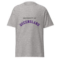 Unisex heather gray t-shirt featuring University of Queensland logo printed across the front chest