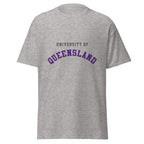 Unisex heather gray t-shirt featuring University of Queensland logo printed across the front chest