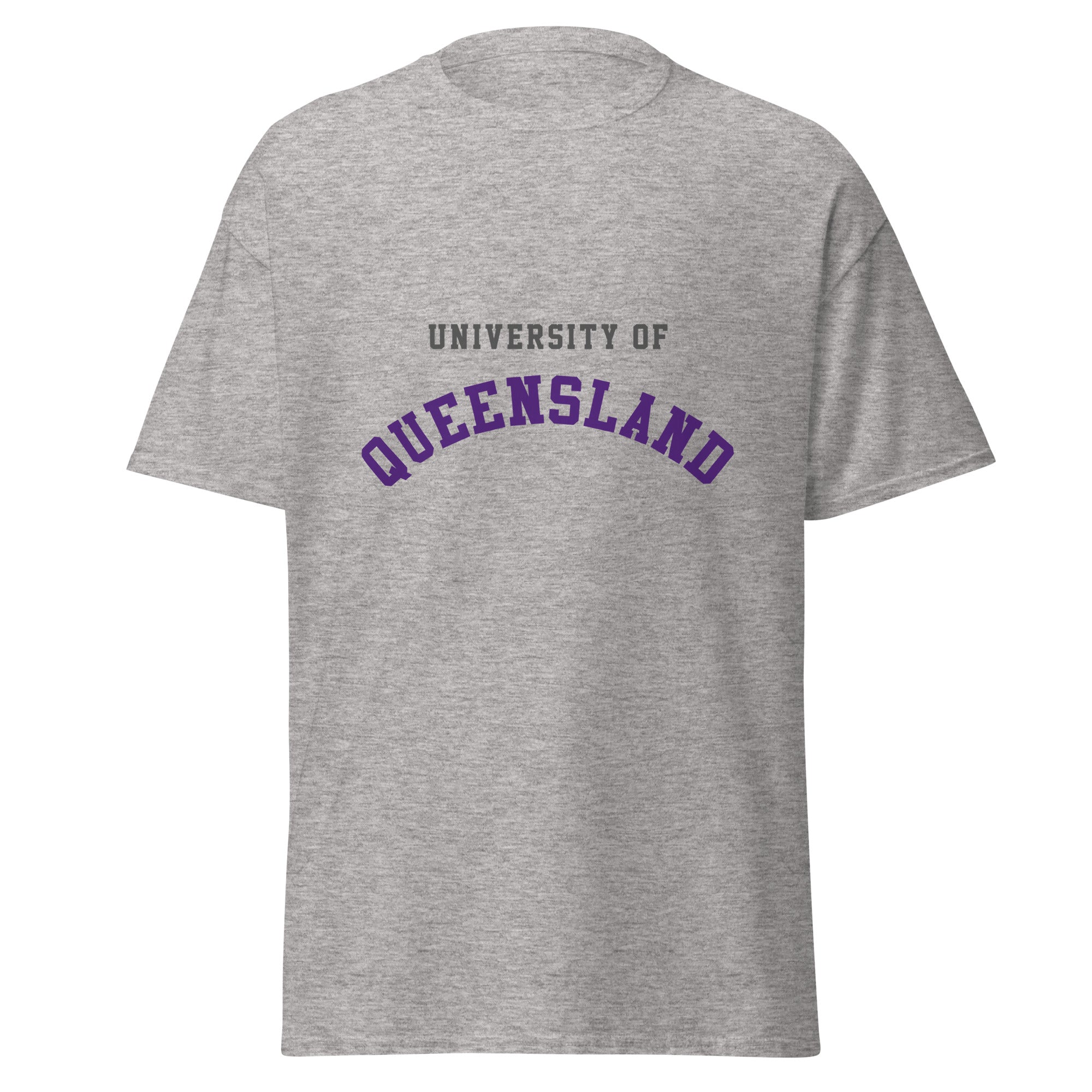 Unisex heather gray t-shirt featuring University of Queensland logo printed across the front chest