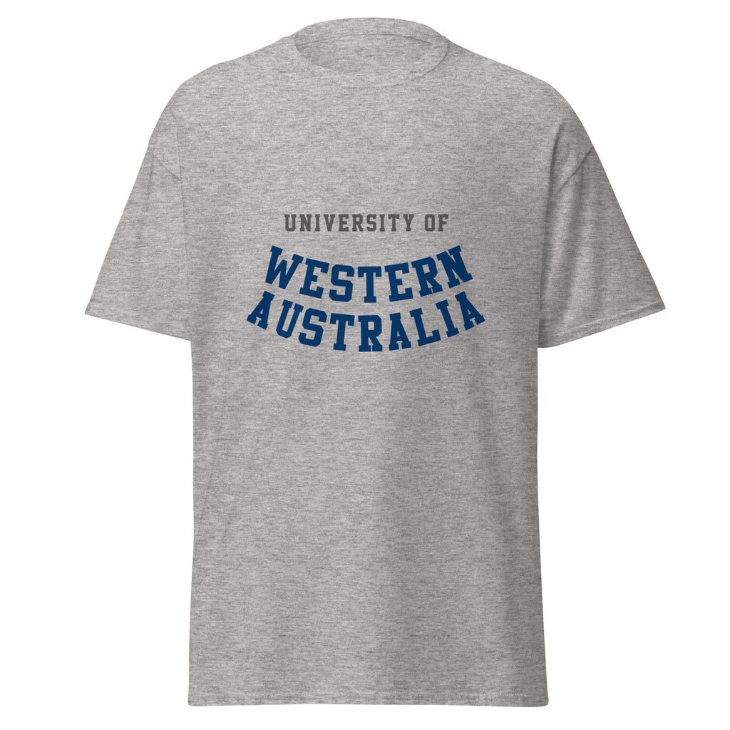 Unisex heather gray t-shirt featuring University of Western Australia logo printed across the front chest