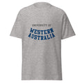 Unisex heather gray t-shirt featuring University of Western Australia logo printed across the front chest