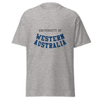 Unisex heather gray t-shirt featuring University of Western Australia logo printed across the front chest