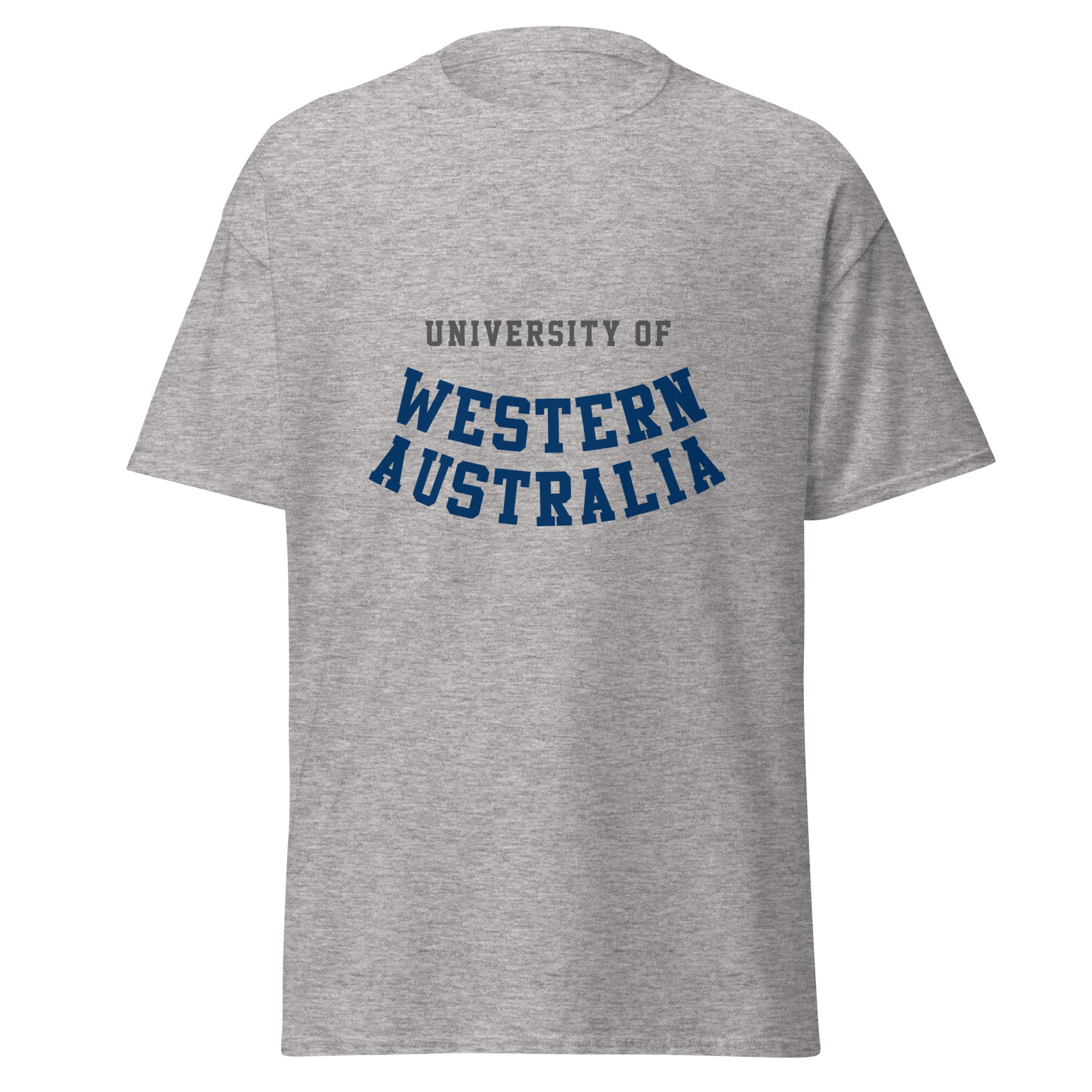 Unisex heather gray t-shirt featuring University of Western Australia logo printed across the front chest