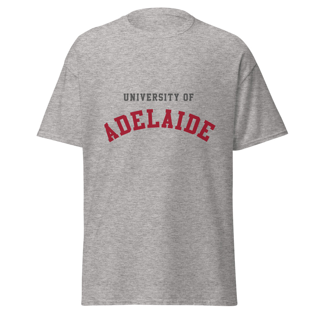 Unisex heather gray t-shirt featuring University of Adelaide logo printed across the front chest