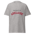 Unisex heather gray t-shirt featuring University of Adelaide logo printed across the front chest
