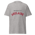 Unisex heather gray t-shirt featuring University of Adelaide logo printed across the front chest