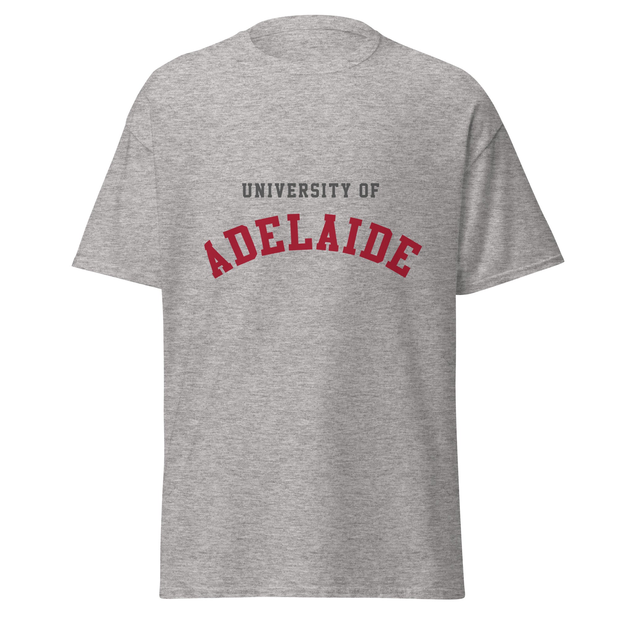 Unisex heather gray t-shirt featuring University of Adelaide logo printed across the front chest