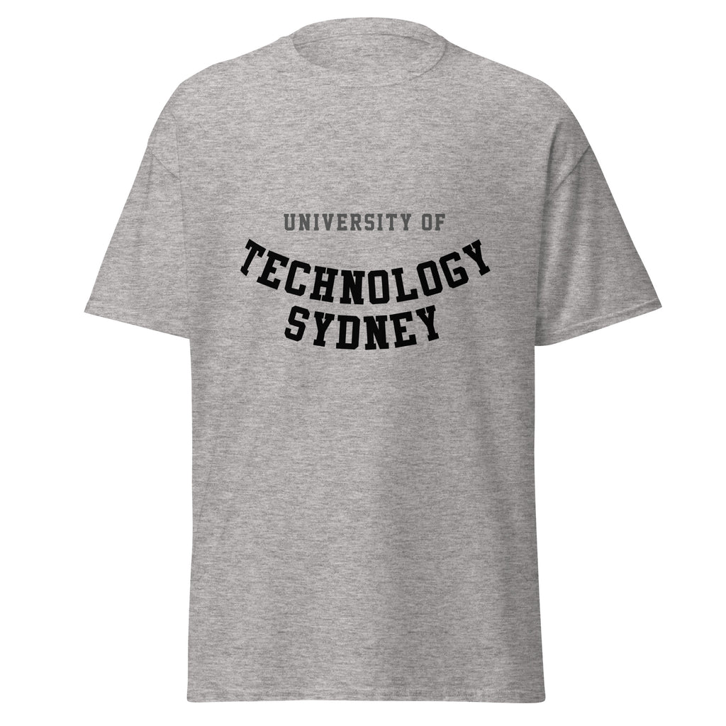 Unisex heather gray t-shirt featuring University of Technology Sydney logo printed across the front chest