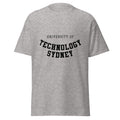 Unisex heather gray t-shirt featuring University of Technology Sydney logo printed across the front chest