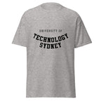 Unisex heather gray t-shirt featuring University of Technology Sydney logo printed across the front chest