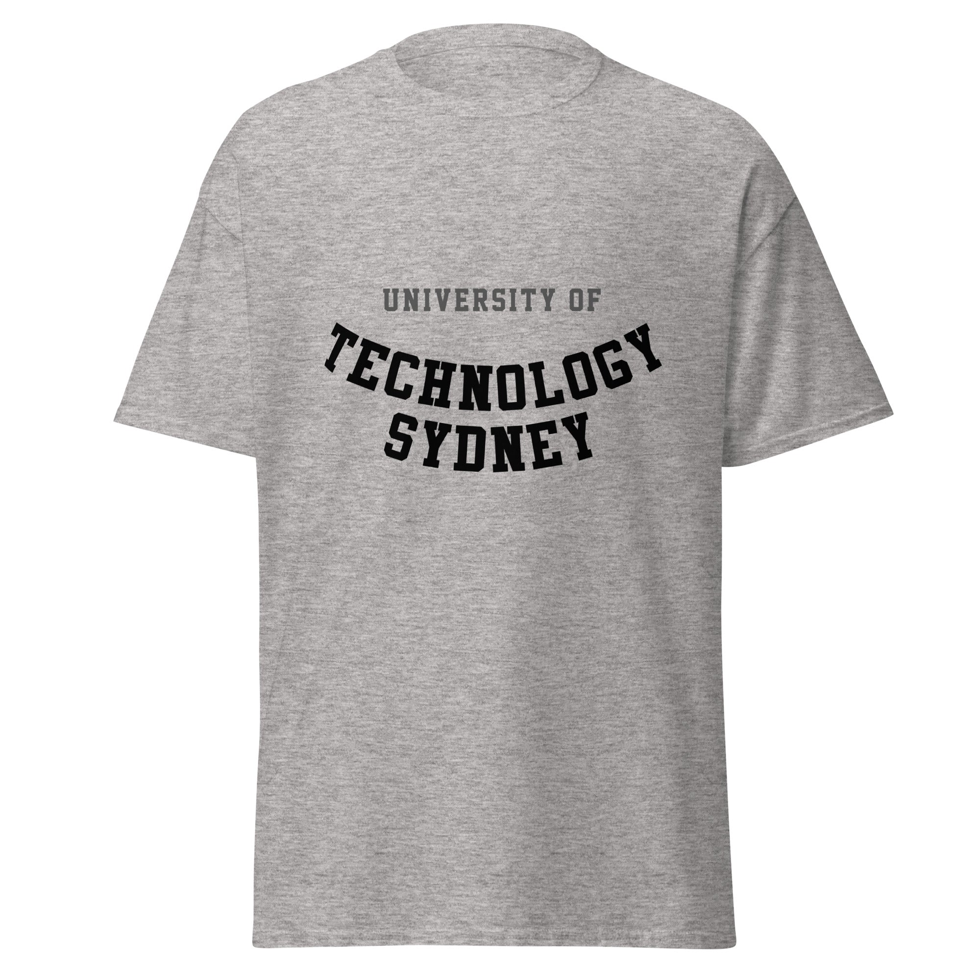 Unisex heather gray t-shirt featuring University of Technology Sydney logo printed across the front chest