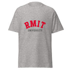 Unisex heather gray t-shirt featuring RMIT University logo printed across the front chest