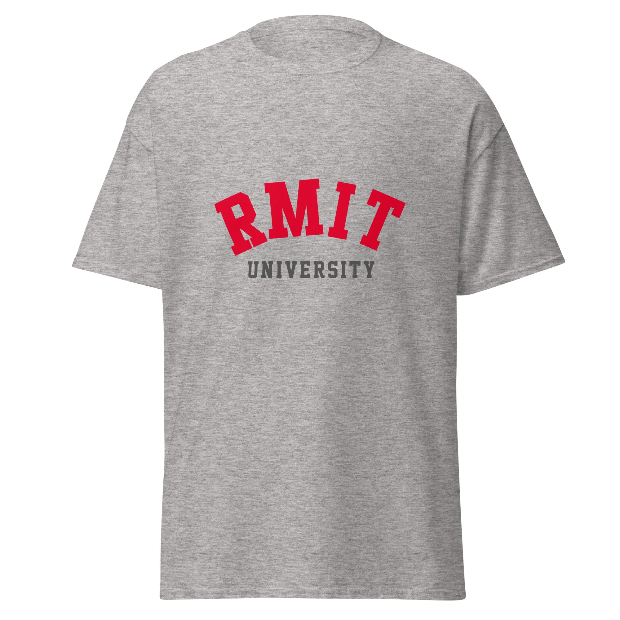 Unisex heather gray t-shirt featuring RMIT University logo printed across the front chest