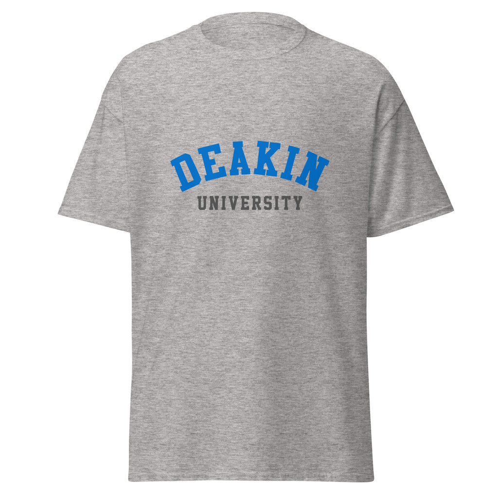 Unisex navy blue t-shirt featuring Deakin University logo printed across the front chest