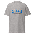 Unisex navy blue t-shirt featuring Deakin University logo printed across the front chest