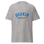 Unisex navy blue t-shirt featuring Deakin University logo printed across the front chest