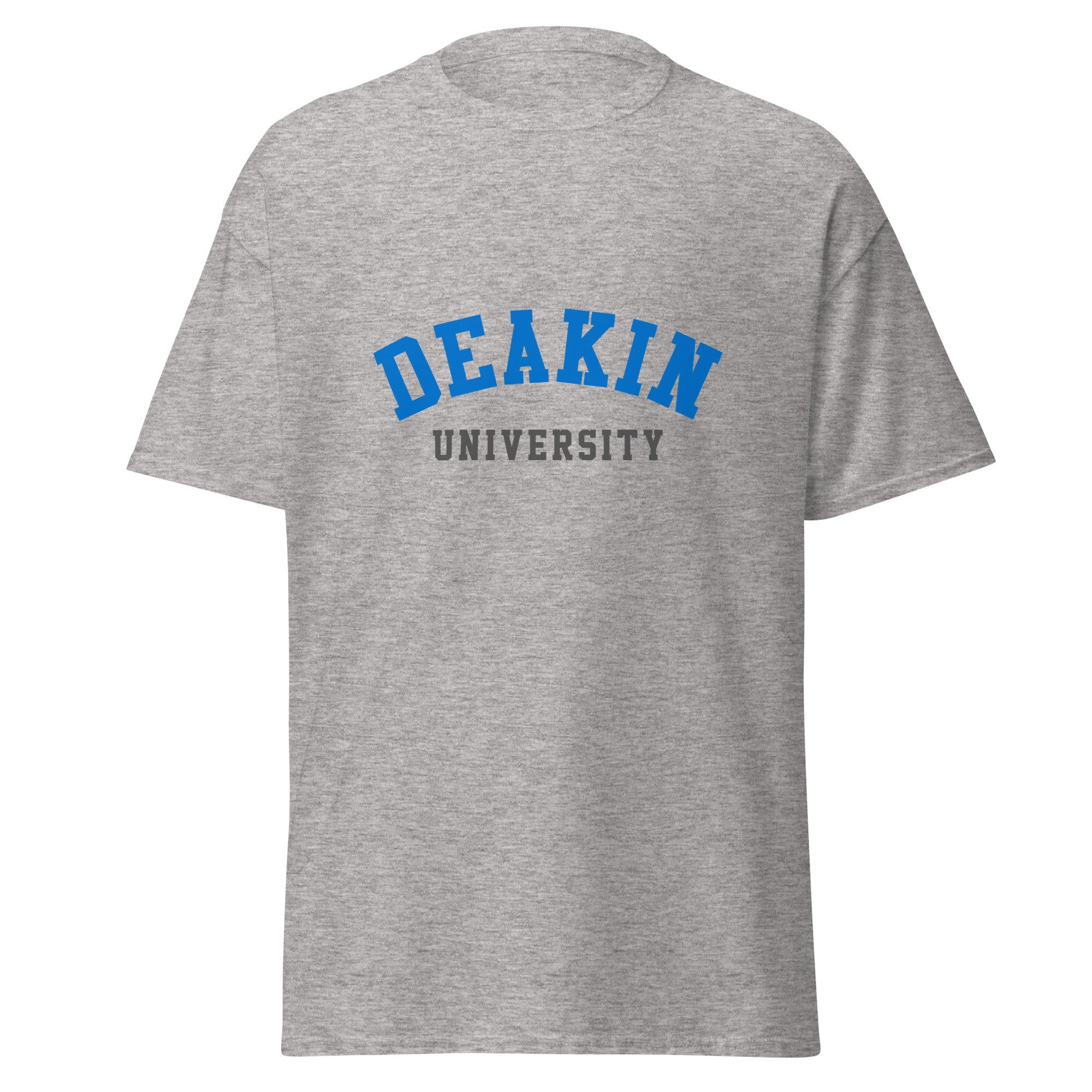 Unisex navy blue t-shirt featuring Deakin University logo printed across the front chest