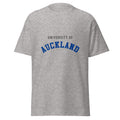 Unisex heather gray t-shirt featuring University of Auckland logo printed across the front chest