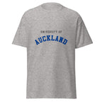 Unisex heather gray t-shirt featuring University of Auckland logo printed across the front chest