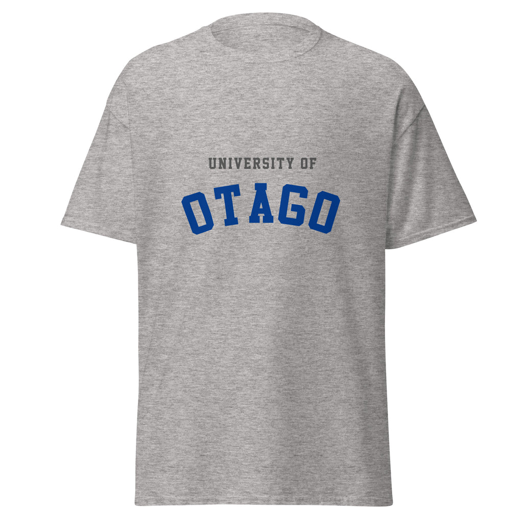Unisex heather gray t-shirt featuring University of Otago logo printed across the front chest