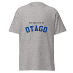 Unisex heather gray t-shirt featuring University of Otago logo printed across the front chest