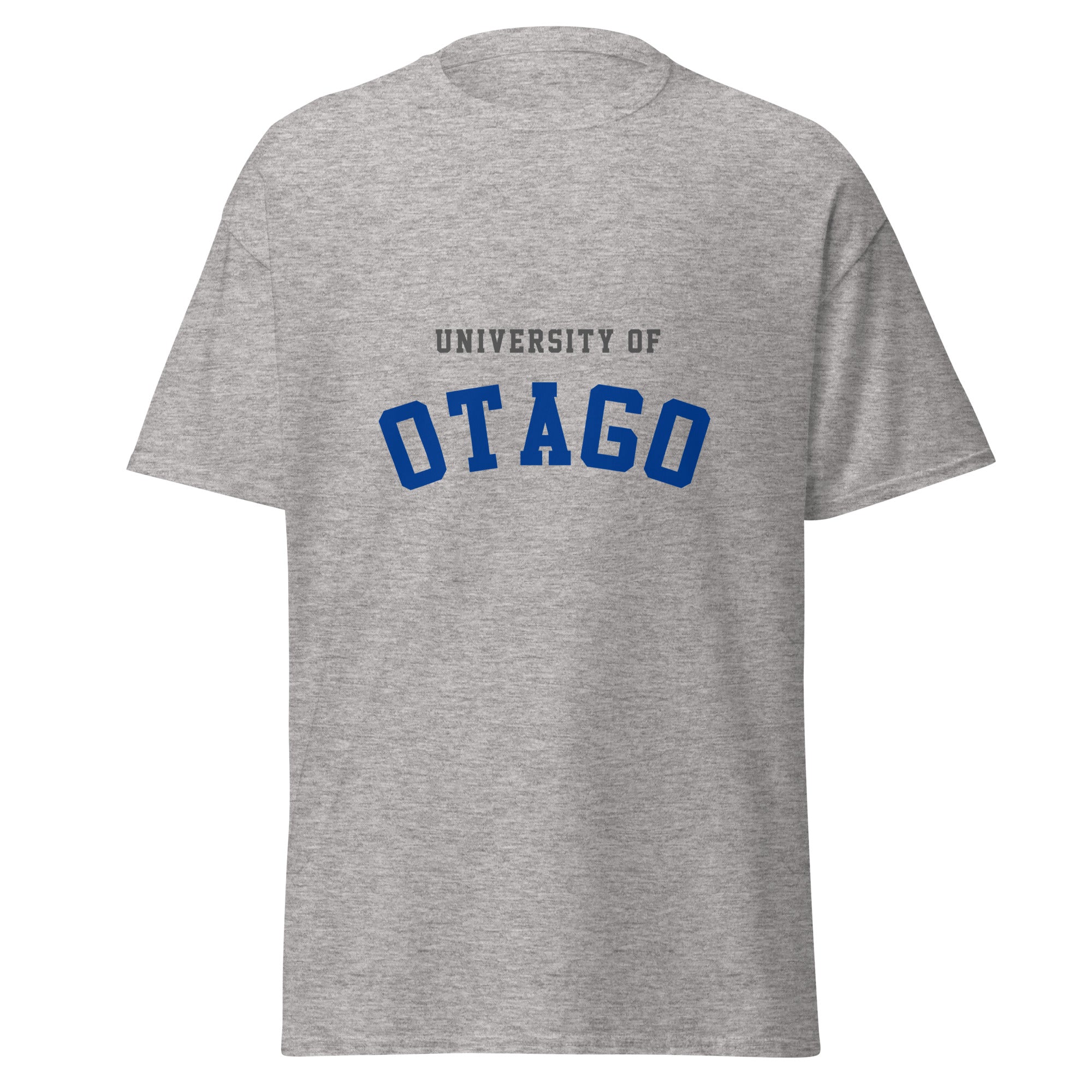 Unisex heather gray t-shirt featuring University of Otago logo printed across the front chest