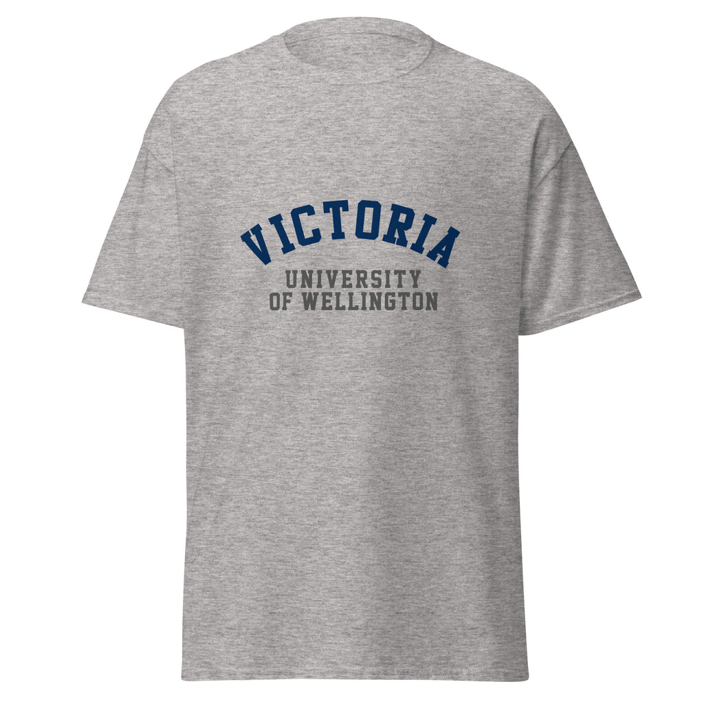 Unisex heather gray t-shirt featuring Victoria University of Wellington logo printed across the front chest