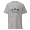 Unisex heather gray t-shirt featuring Victoria University of Wellington logo printed across the front chest