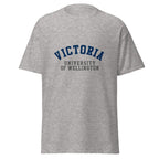 Unisex heather gray t-shirt featuring Victoria University of Wellington logo printed across the front chest