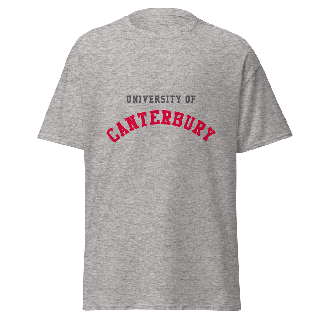 Unisex heather gray t-shirt featuring University of Canterbury logo printed across the front chest