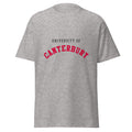 Unisex heather gray t-shirt featuring University of Canterbury logo printed across the front chest